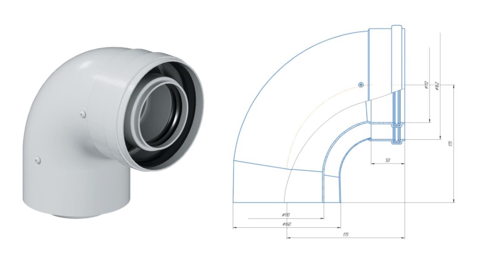 Отвод коаксиальный конденсат. 90 гр. 60/100 KRATS (UK-90)