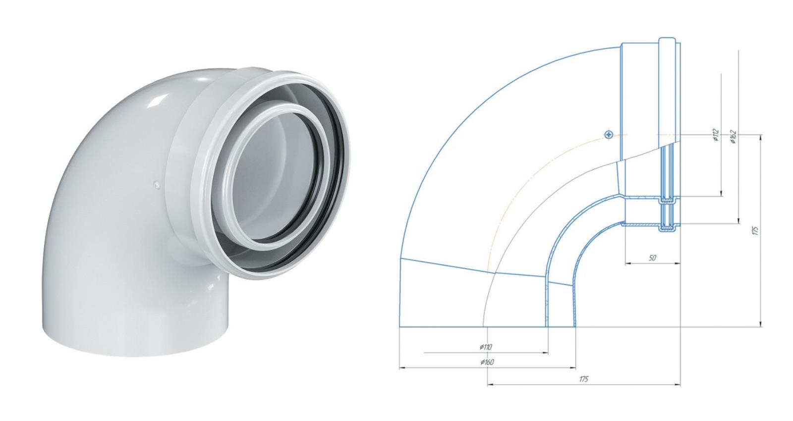 Отвод конденсационный угол 90гр. Ø110/160 KRATS (CW110160-90-LN)