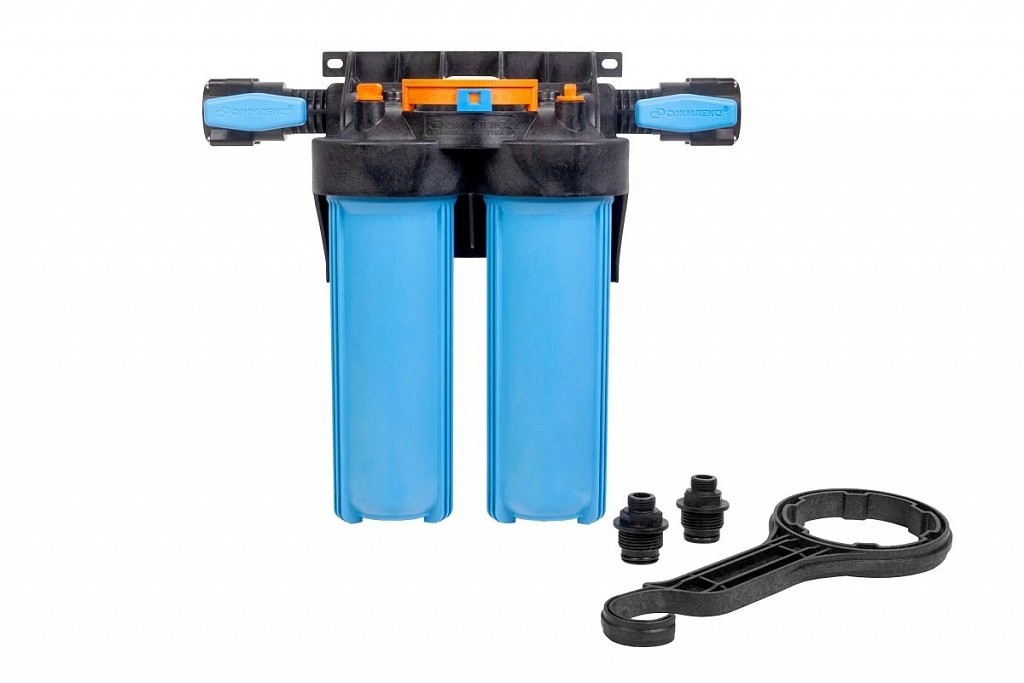 Корпус для картриджного фильтра двухступенчатый 2 М Т Slim Line (9095) синяя колба (краны, ключ, кронштейн)