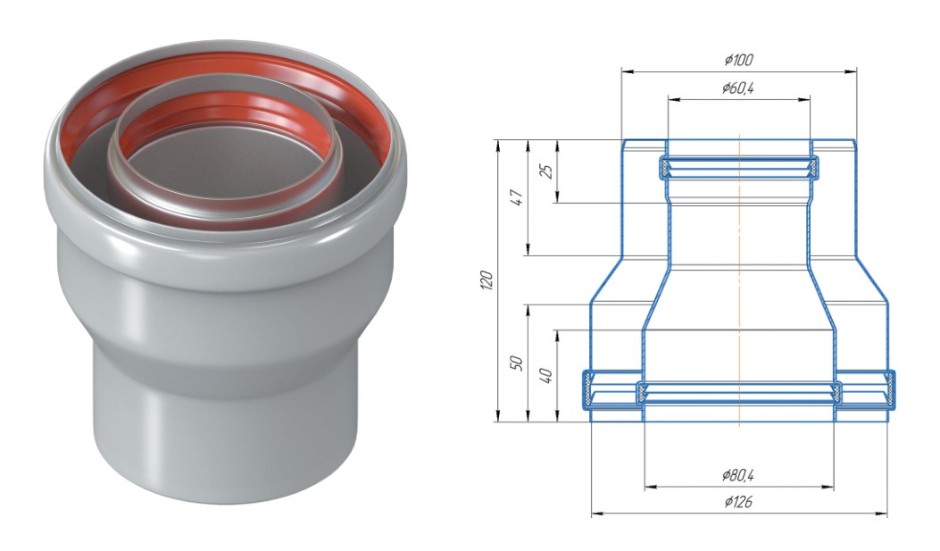Переход с Ø60/100 на Ø80/125 (алюминий) KRATS (A6-8)