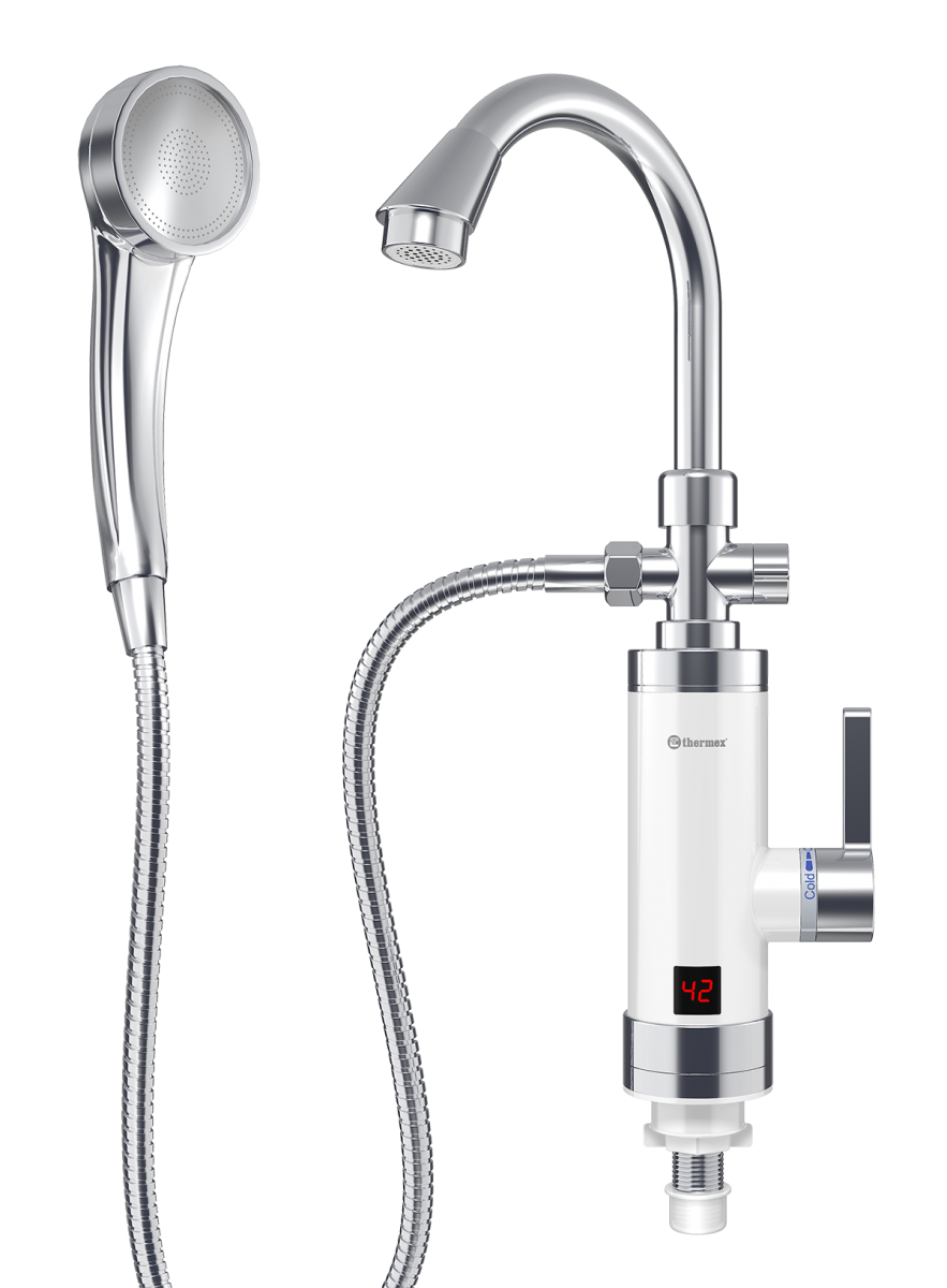 Электрический водонагреватель проточный Смеситель ЭВН THERMEX проточный Focus 3000 (белый, дисплей, с душем)